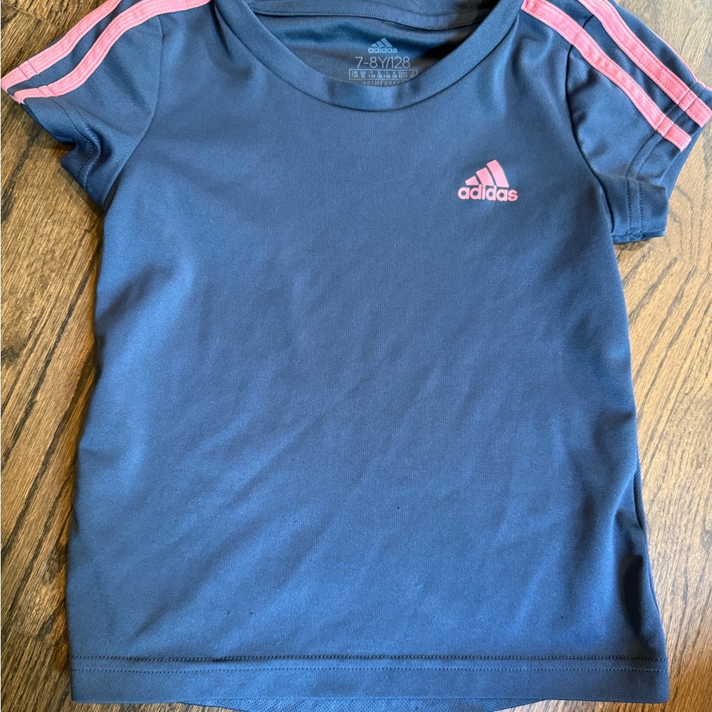 Adidas Blue and Pink Short Sleeve Tee with Crew Neck Girls SZ 7-8yr